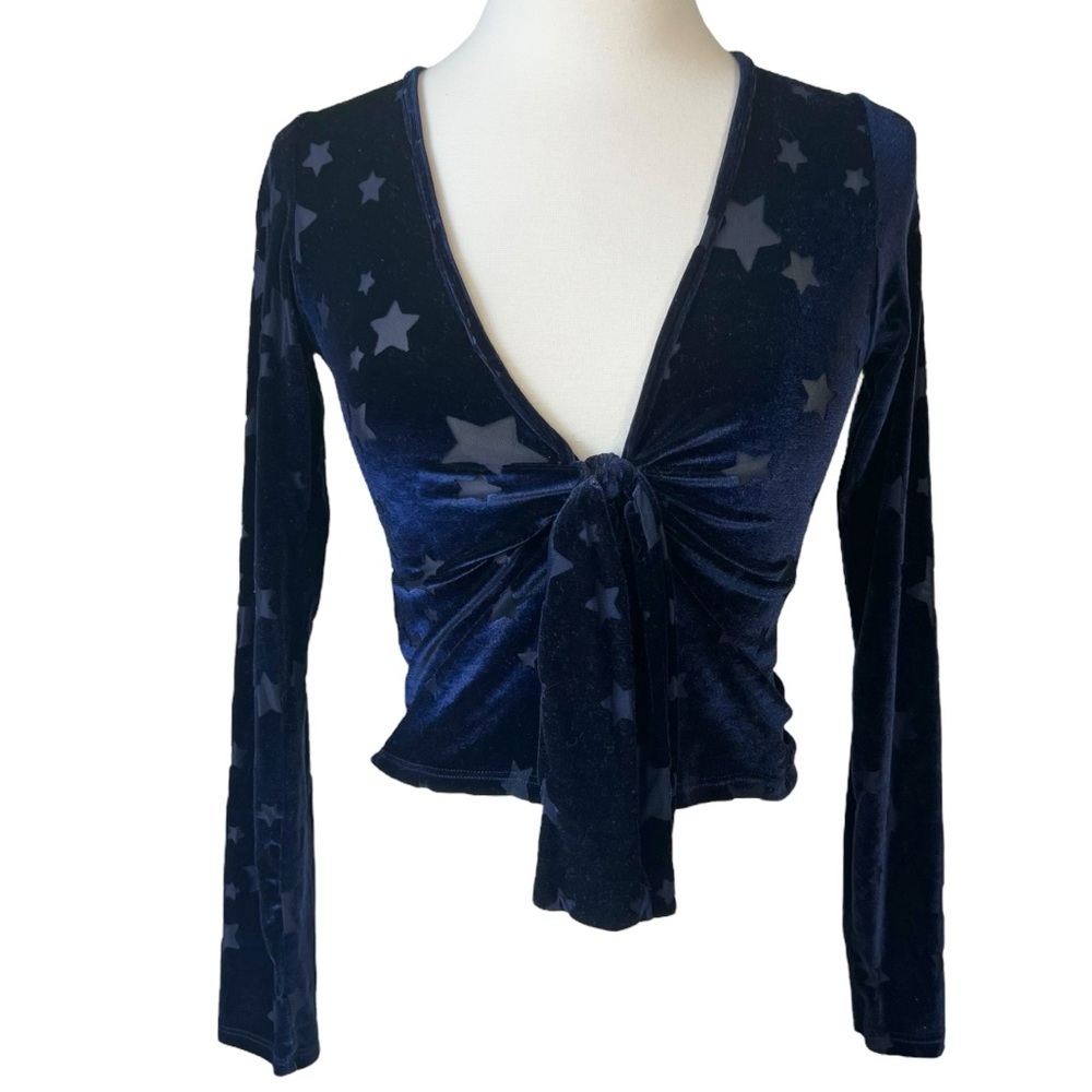 UO Out From Under Dark Blue Velvet Star Knot Front Top